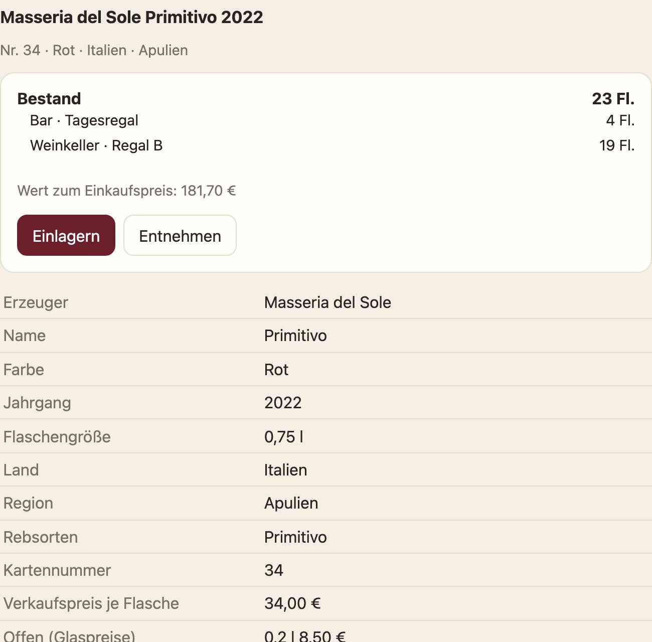 Der Primitivo mit Bestand je Lagerort und seinen Angaben