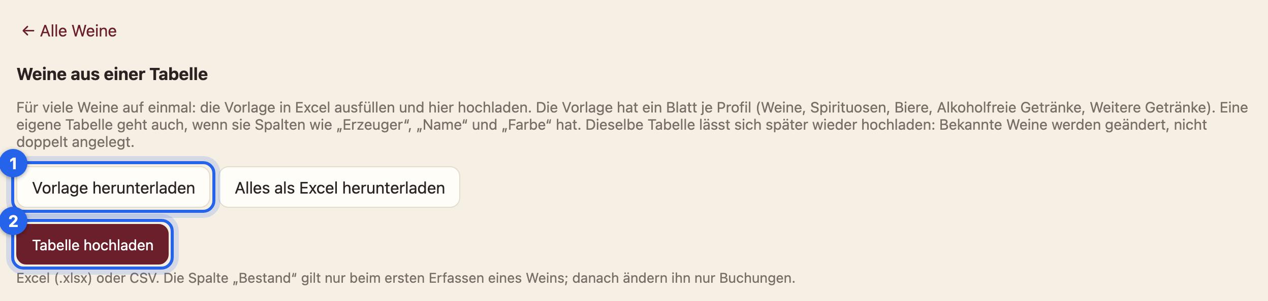 Weine aus einer Tabelle: Vorlage herunterladen, Alles als Excel herunterladen, Tabelle hochladen