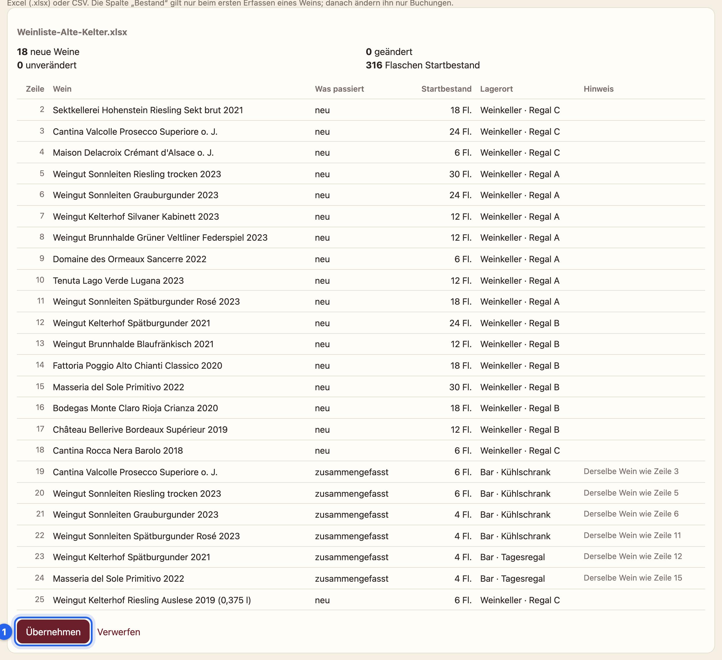 Die Vorschau des Imports: 18 neue Weine, 316 Flaschen Startbestand, je Zeile Wein, Startbestand und Lagerort