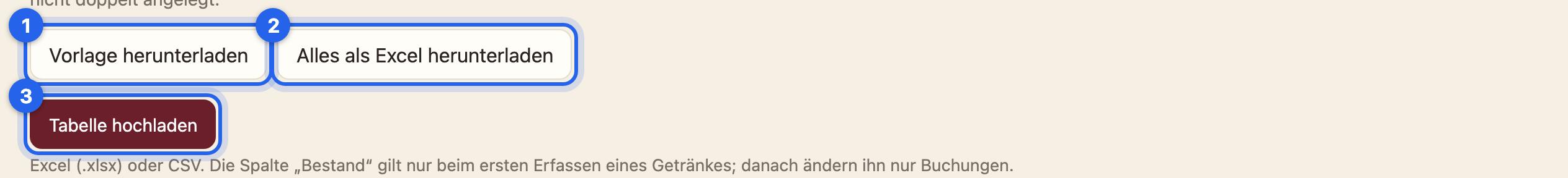 Vorlage herunterladen, Alles als Excel herunterladen, Tabelle hochladen