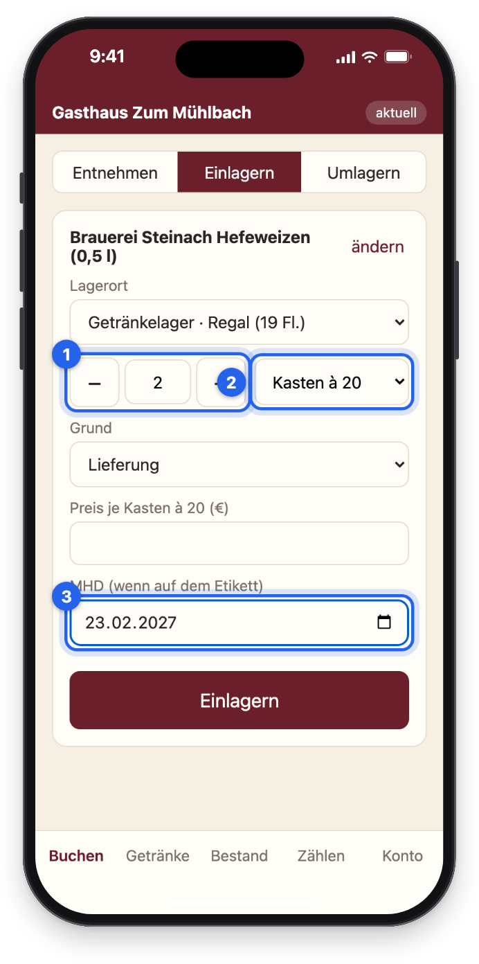 Einlagern: 2 Kasten à 20, MHD