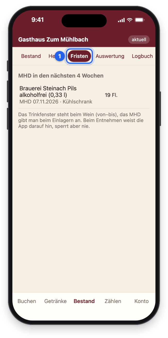 Fristen: Pils alkoholfrei, MHD 07.11.2026