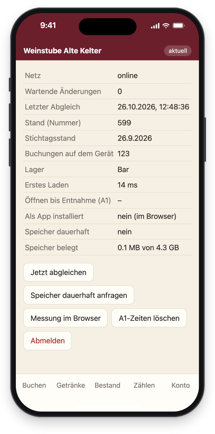 Der Status: online, 0 wartende Änderungen, letzter Abgleich, Lager bar
