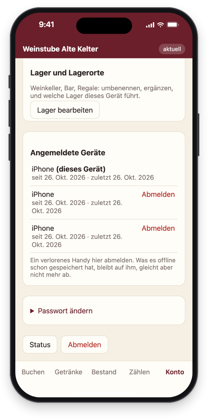 Konto: Lager und Lagerorte, Angemeldete Geräte, Passwort ändern, Abmelden