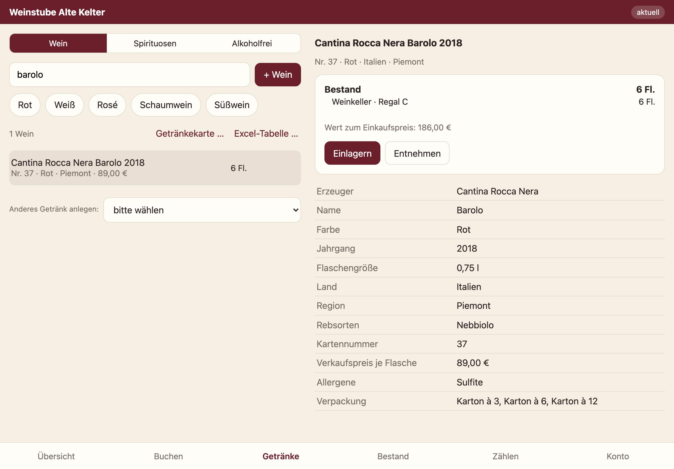 Zwei Spalten am iPad: Weinliste und Barolo mit Bestand und Angaben