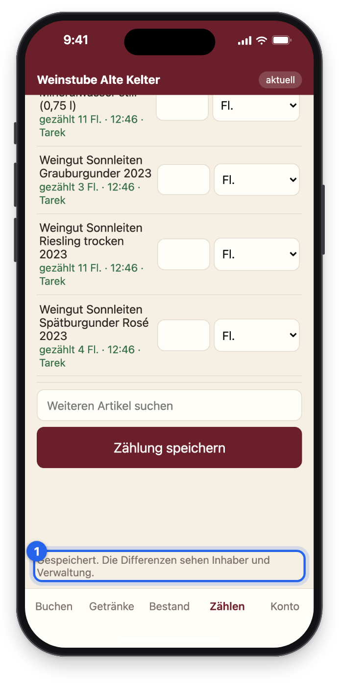 Nach dem Speichern: Gespeichert. Die Differenzen sehen Inhaber und Verwaltung.