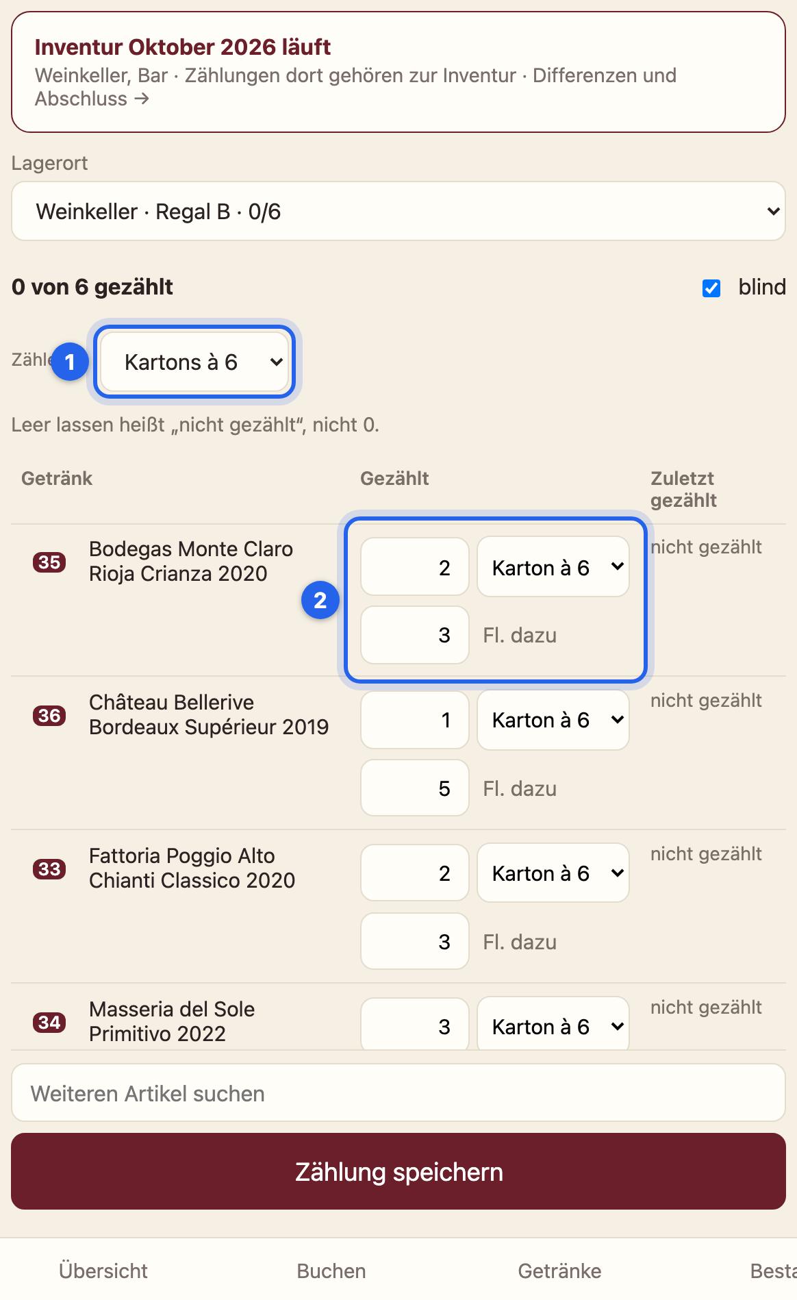 Zählen in Kartons à 6: je Wein Kartons und Flaschen dazu