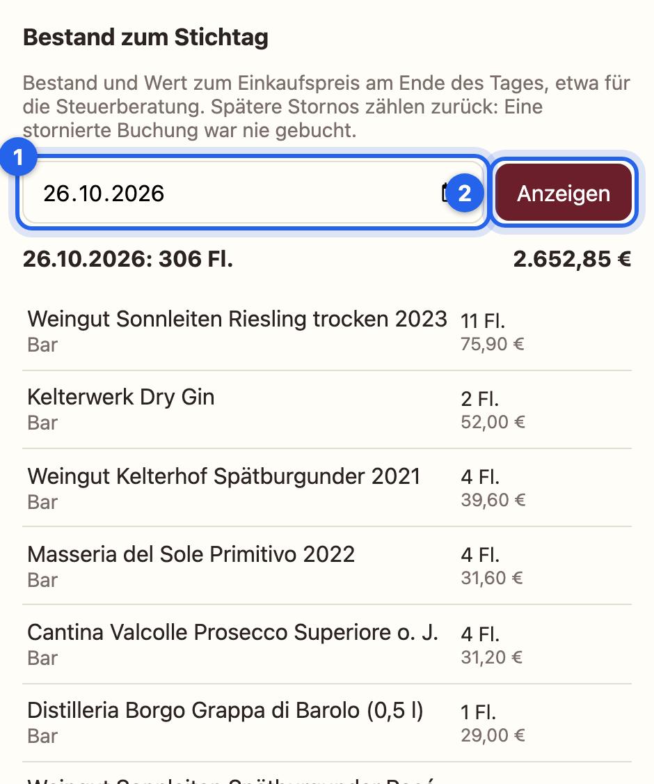 Bestand zum Stichtag 26.10.2026 mit Summe in Flaschen und Euro