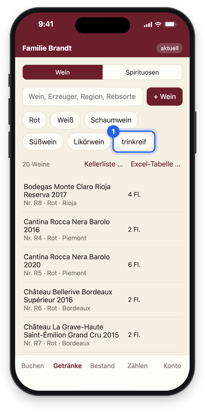 Die Weinliste mit dem Filter trinkreif
