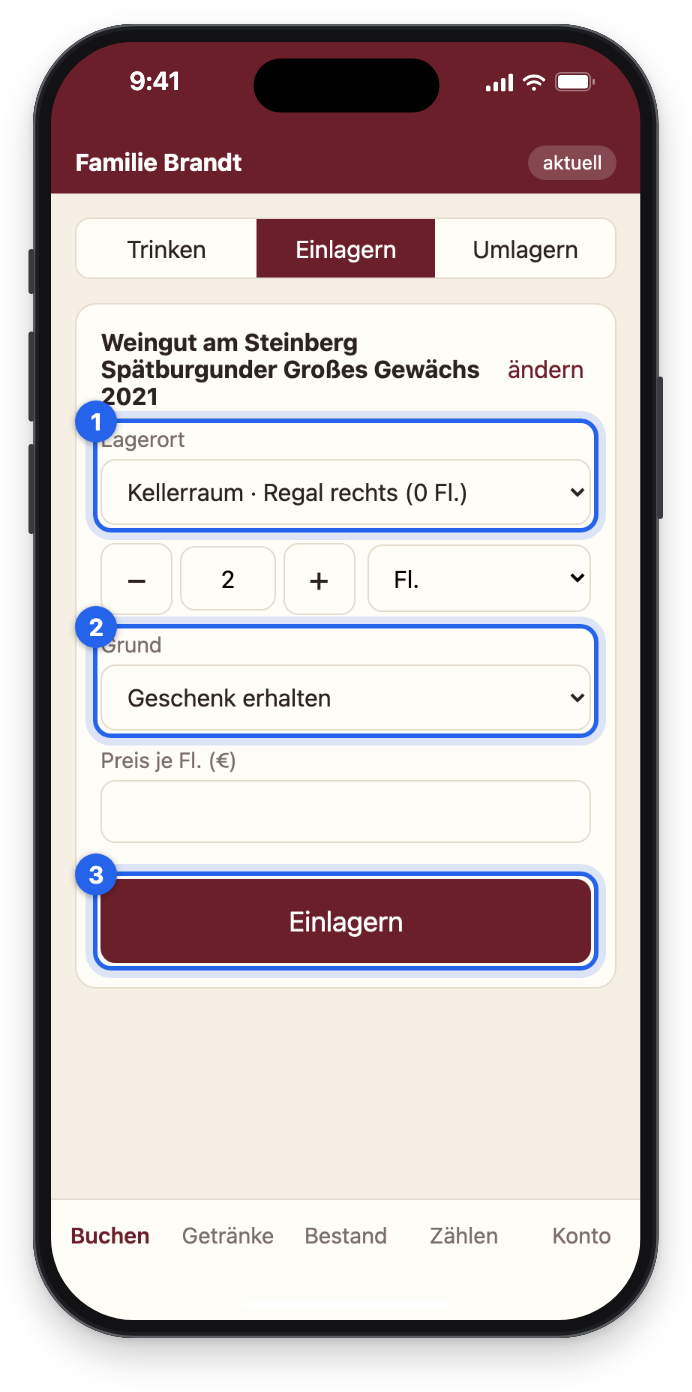 Einlagern: Regal rechts, Grund Geschenk erhalten