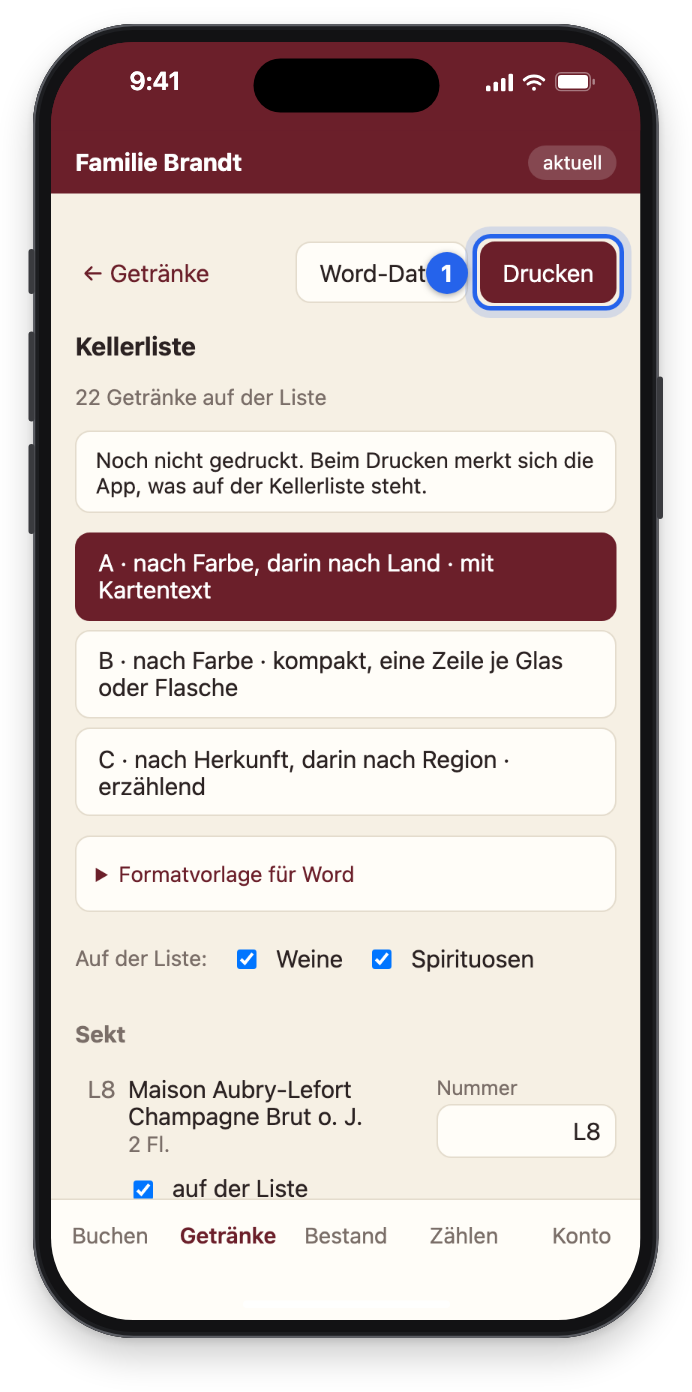 Die Kellerliste mit dem Knopf Drucken und den Varianten