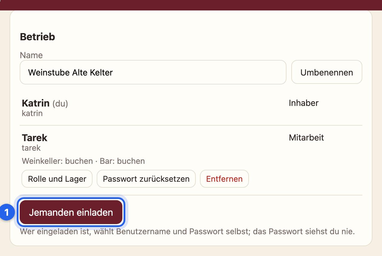 Der Betrieb im Konto mit Katrin, Tarek und dem Knopf Jemanden einladen