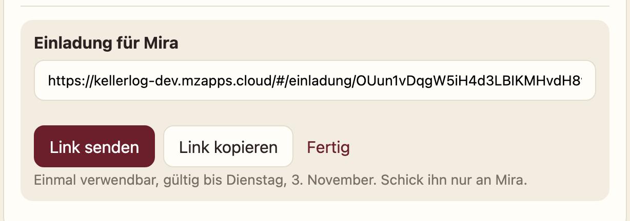 Einladung für Mira mit Link, Link senden und Link kopieren