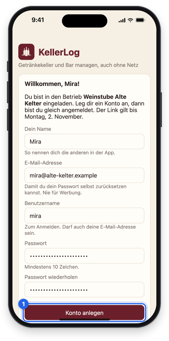 Willkommen, Mira: Name, E-Mail-Adresse, Benutzername, Passwort, Konto anlegen